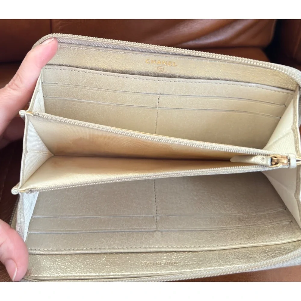 Chanel Timeless CC Zip Around Long Wallet Metallic Champagne Gold Leather Italy